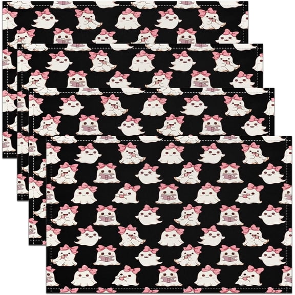 Kids Cute Ghost Placemats Set of 4 Pink Bowknot Placemat for Kitchen Dining Table 18"x12" Kawaii Cartoon Ghost Book Book Table Place Mats Black Halloween Theme Indoor Outdoor Decor Table Mats
