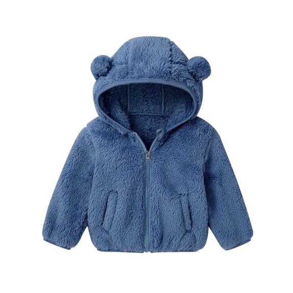 Kids Cute Hooded Fleece Jacket, Full Zip Long Sleeve Soft Fuzzy Outerwear with Pockets for Boys Girls Winter Warm Jackets Blue 18 Months