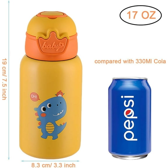 Kids Cute Insulated Water Bottle with Straw Strap, 17 oz Metal Cups for Hot and Cold Drinks, BPA Free Stainless Steel Thermoses Leak-proof Flask for Boys and Girls School Indoor Outdoor Sports