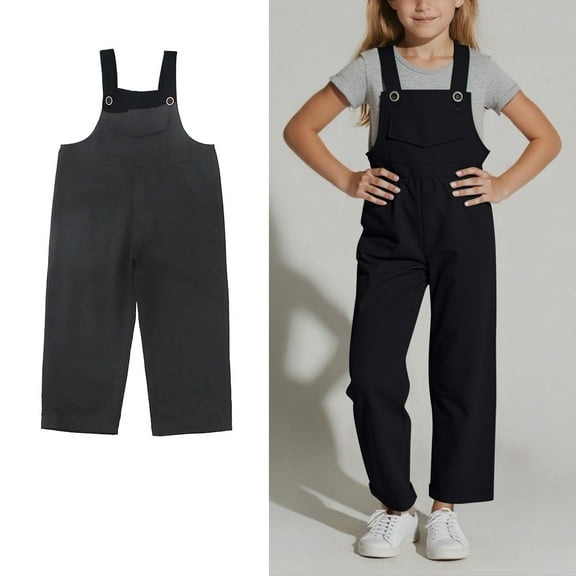 Kids Cute Jumpsuit Girls Overalls Kids Casual Sleeveless Girls Loose Rompers with Pockets Black Jumpsuits Kids Clothes Girls Size 7-8 Years