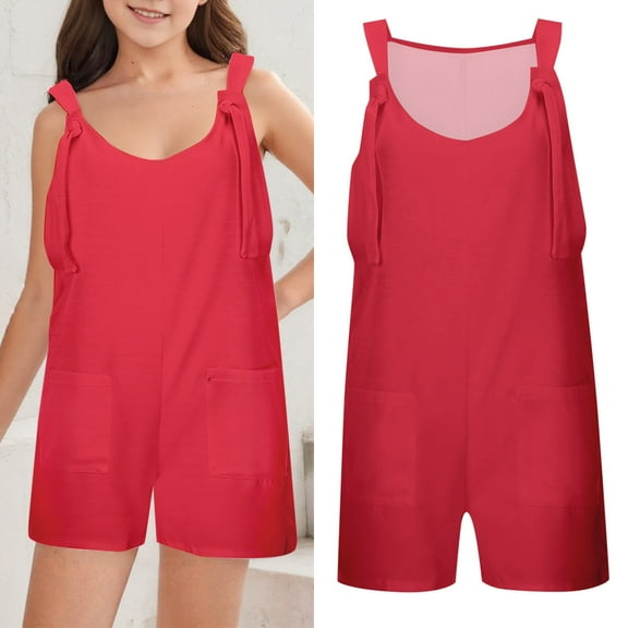 Kids Cute Jumpsuit Girls Overalls Kids Casual Sleeveless Girls Loose Rompers with Pockets Red Jumpsuits Girls Size 9-10 Years Outfits
