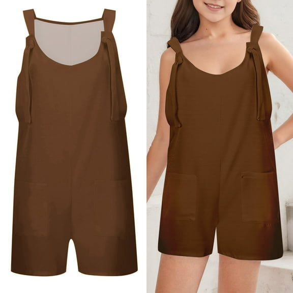 Kids Cute Jumpsuit Girls Overalls Kids Casual Sleeveless Girls Overalls with Pockets Coffee Jumpsuit Girl Clothes Size 5-6 Years