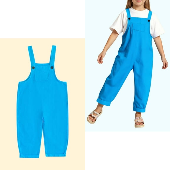 Kids Cute Jumpsuit Kids Casual Sleeveless Overalls Girls Loose Rompers with Pockets Blue Jumpsuits Preppy Summer Clothes 4-5 Years