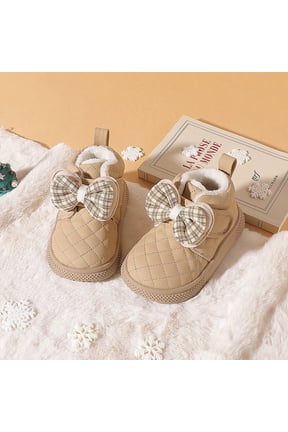 Kids Cute Plaid Bow Winter Ankle Boots, Soft Thick Fleece Lined Quilted Short Booties, Safe Non‑Slip Sole Girls Shoes