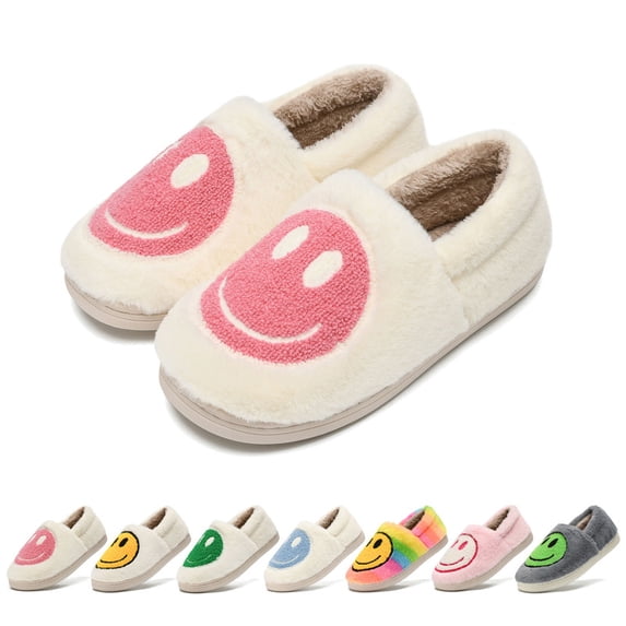 Kids Cute Plush Smile Face Fuzzy Slippers, Soft Warm Fuzzy Lined Slip‑on House Slippers for Boys Girls Winter Outdoor Indoor Bedroom Home Shoes
