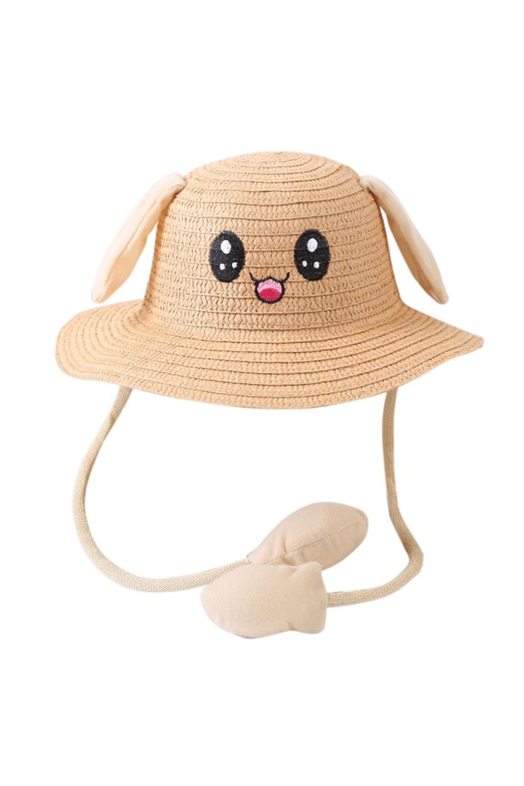 Kids Cute Rabbit Ear Moving Straw Sun Hat, Children's Fun Summer Beach Cap