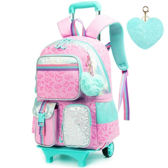 Kids Cute Rolling Backpack for Girls Trolley Pink School Bags Girls Backpacks with Wheels Kids Carry-on Travel Luggage for Ages 6-12