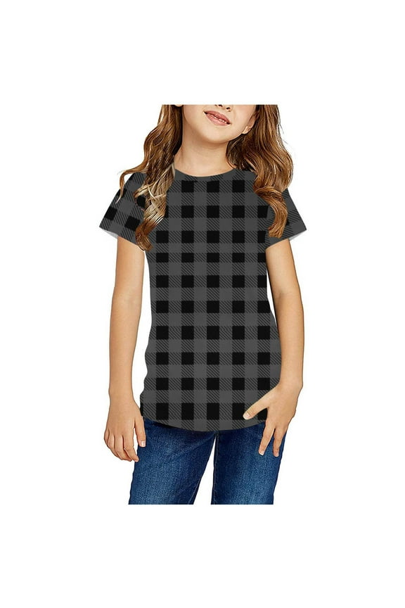Kids Cute Shirts Casual Loose Fit T-shirts Trendy Summer Plaid Tees Short Sleeve Crewneck Tops for Boys and Girls