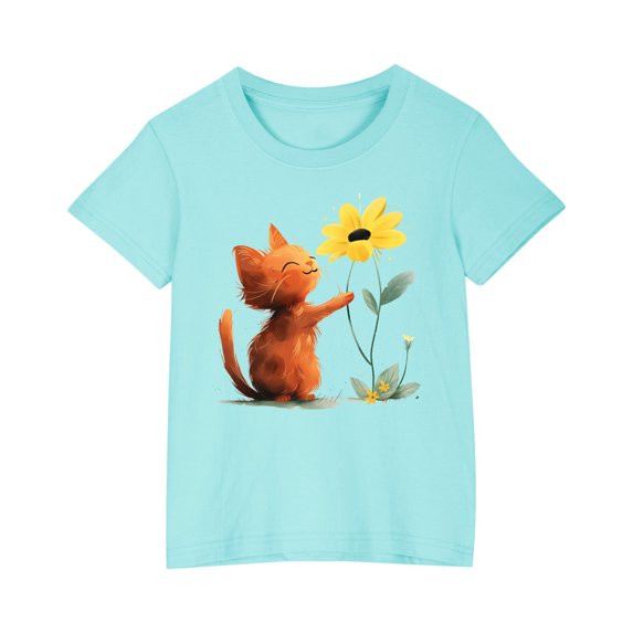 Kids Cute Summer Graphic Tees Girls Loose Casual Cotton Going Out Tshirts Tops Fashion Kids Lounge Wear Blue, 5 Years