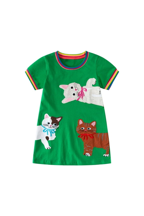 Kids Cute Tshirt Dresses Girls Short Sleeve Toddler Dresses 4t Cat Cotton School Summer Casual Outfits, Green, 7 Years