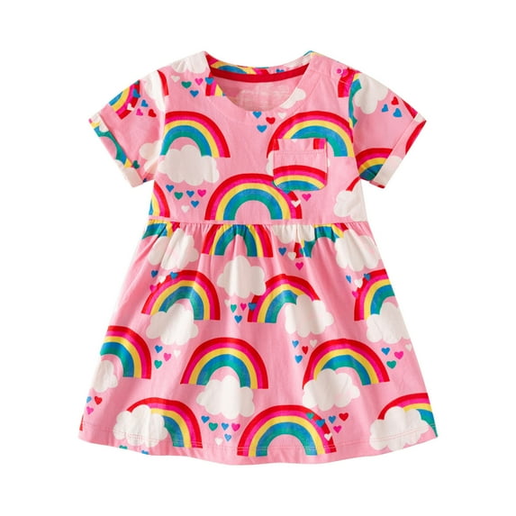 Kids Cute Tshirt Dresses Girls Short Sleeve Toddler Dresses 4t Rainbow Cotton School Summer Casual Outfits, Pink, 3 Years