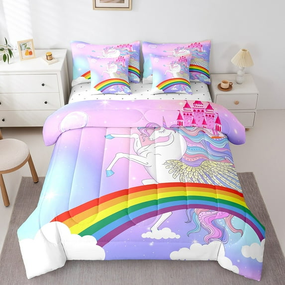 Cute Unicorn Queen Comforter Set 7 Pieces Rainbow Bedding Comforter Sets, Dreamy Castle Bed in a Bag Fairy Tales Princess Theme Bedding Set, Psychedelic Galaxy Bed Sheets Set