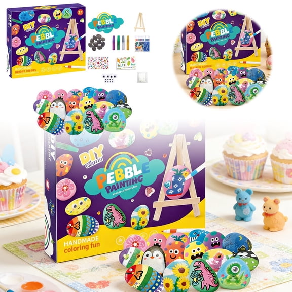 Kids DIY Pebble Rock Painting Kit, Children Handmade Graffiti Craft Toy Set with Painting Tools Stickers & Mini Easel for Art Creation Activities