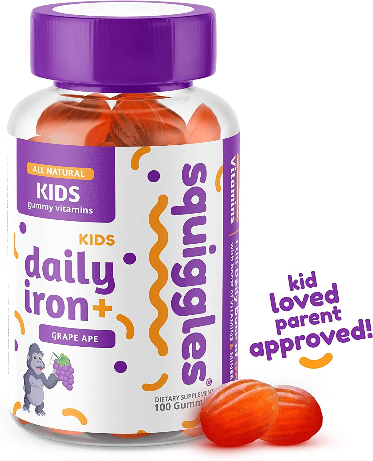 Kids Daily Iron+ Gummies by Squiggles 100ct. , AllNatural, Low Sugar