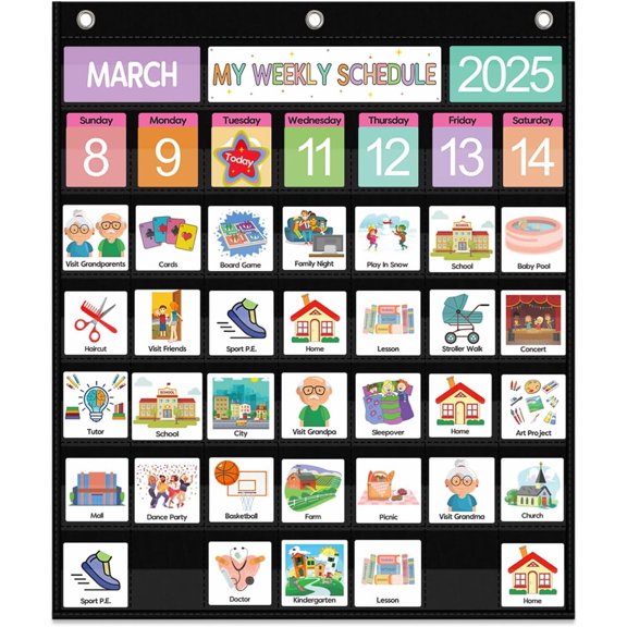 Kids Daily Routine Chart Weekly Visual Planner with 259 Picture Cards includes Month Year Day Pocket Chart for Home School Toddler, Teenagers