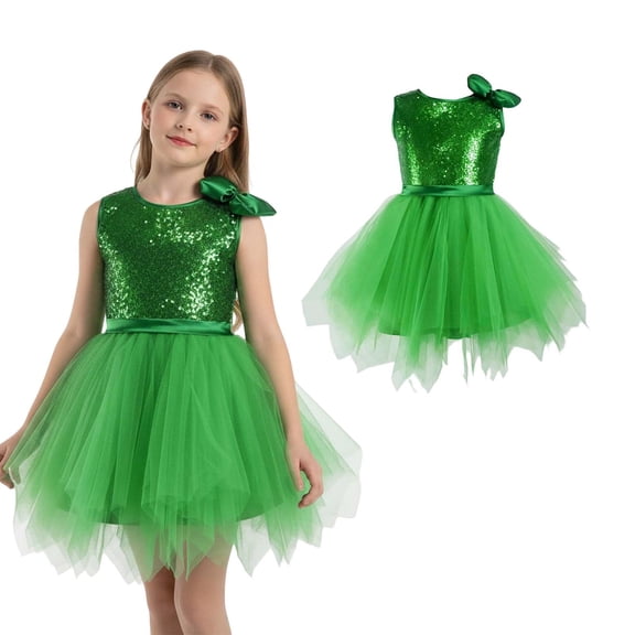Kids Dance Girls Green Sequin Dress Tulle Dance Dresses Dance Jazz Dance Performance Outerwear 8-10 Years