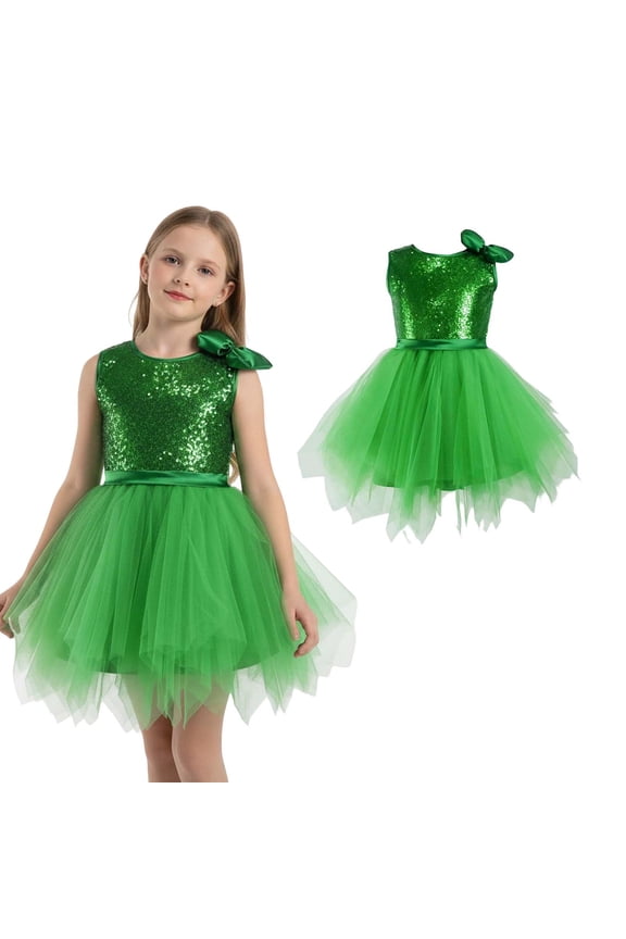 Kids Dance Girls Green Sequin Dress Tulle Dance Dresses Dance Jazz Dance Performance Outerwear 8-10 Years