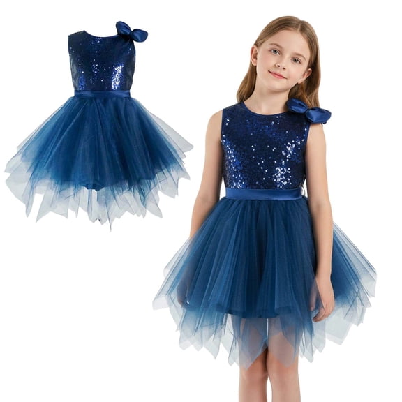 Kids Dance Girls Navy Sequin Dress Tulle Dance Dresses Dance Jazz Dance Street Dance Outerwear 7-8 Years