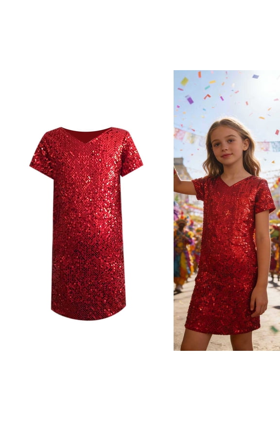 Kids Dance Costume Girls Red Sequin Dress Dance Costume Kids 80s Outfits for Girls Performance Dancewear 3-10 Years