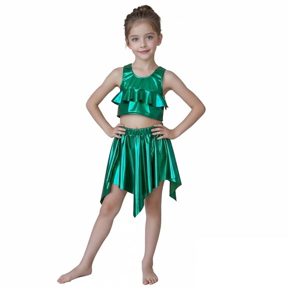 Kids Dance Sequin Green Dance Sleeveless Ruffles Top and Sparkly Skirt Set School Dance Dresses Stage Performance Outerwear 7-9 Years