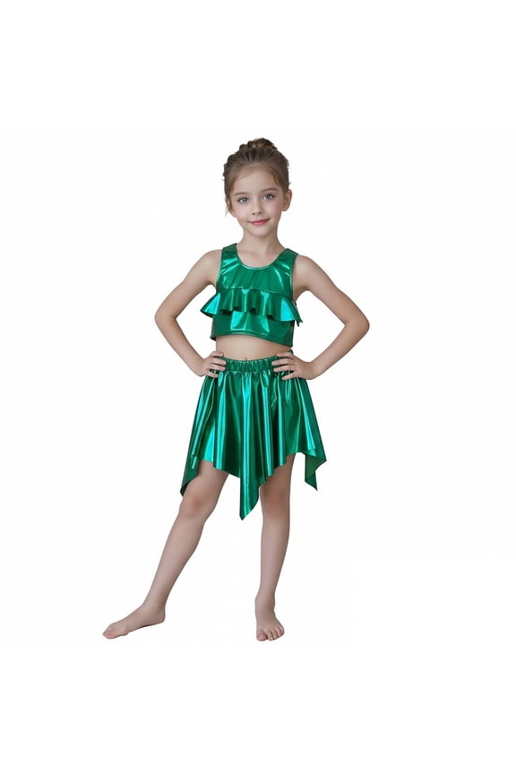 Kids Dance Sequin Green Dance Sleeveless Ruffles Top and Sparkly Skirt Set School Dance Dresses Stage Performance Outerwear 7-9 Years