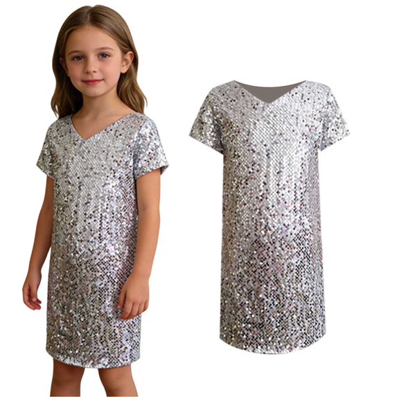 Kids Dance Silver Sequin Dress Dance Hop Outfits for Girls Stage Performance Outerwear 3-10 Years