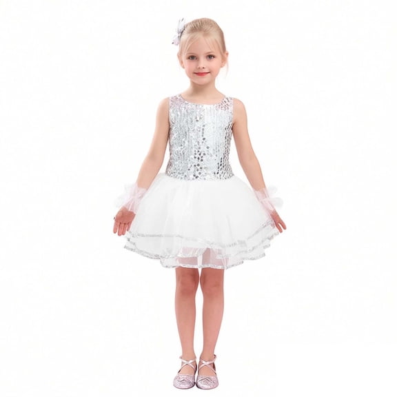 Kids Dance Sparkly Dance Puff Sleeve Tutu Dress Set 80s Kids Outfit for Girls Stage Performance Outerwear 7-8 Years
