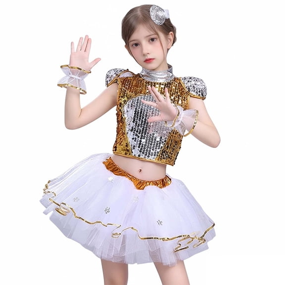 Kids Dance Sparkly Dance Sleeveless Top and Tulle Dance Dresses Outfit Set Dance Outfits for Girls Stage Performance Outerwear 4-5 Years