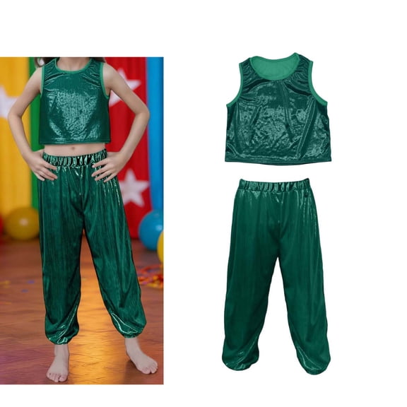 Kids Dance Sparkly Green Dance Sleeveless Tank Top and Pants Outfit Set Disco Outfit Dance Performance Outerwear 6-7 Years