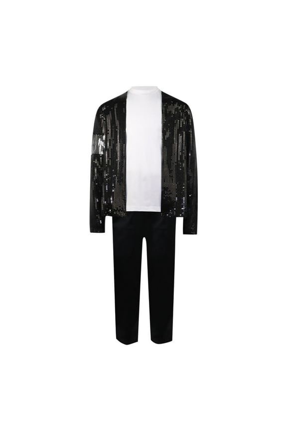 Kids Dance Star Outfits 5 Piece Set Sparkly Sequin Jacket Tops Pants 90s Hip-Pop Stage Halloween Role Play Party Clothes, Black