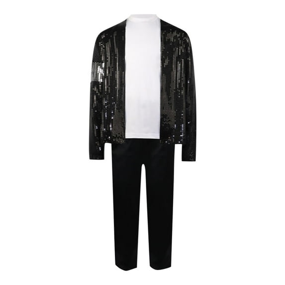 Kids Dance Star Outfits 5 Piece Set Sparkly Sequin Jacket Tops Pants 90s Hip-Pop Stage Halloween Role Play Party Clothes, Black