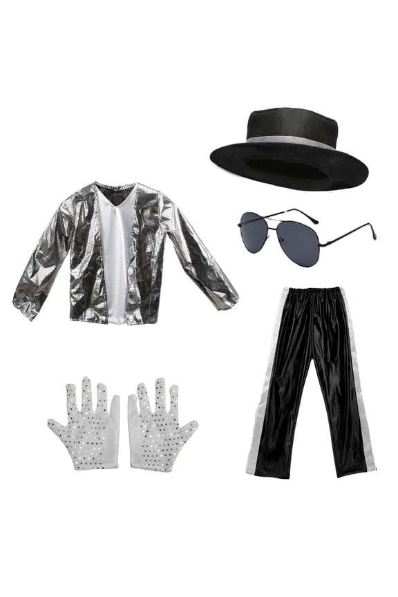 Kids Dance Star Outfits 5 Piece Set Sparkly Sequin Jacket Tops Pants with Hat 80s 90s Dancing Stage Performance Clothes for Boys Girls,8-10 Years Silver