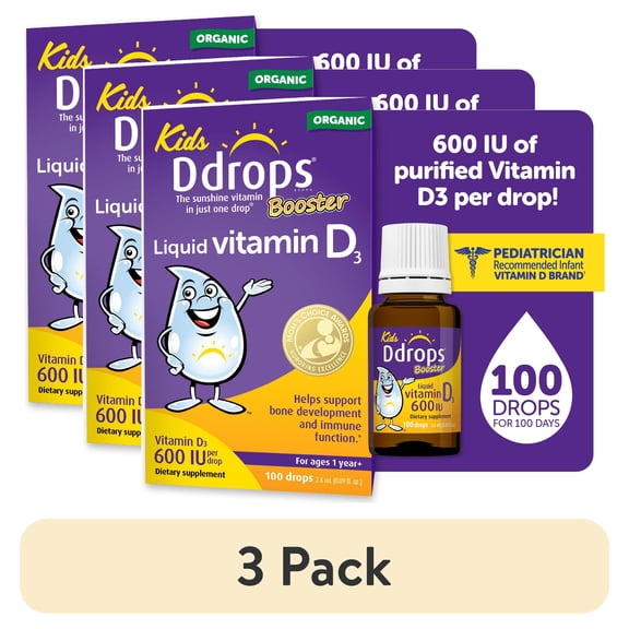 (3 pack) Kids Ddrops Booster Liquid Vitamin D3 Drops, 600 IU Per Drop, 0.09 fl oz