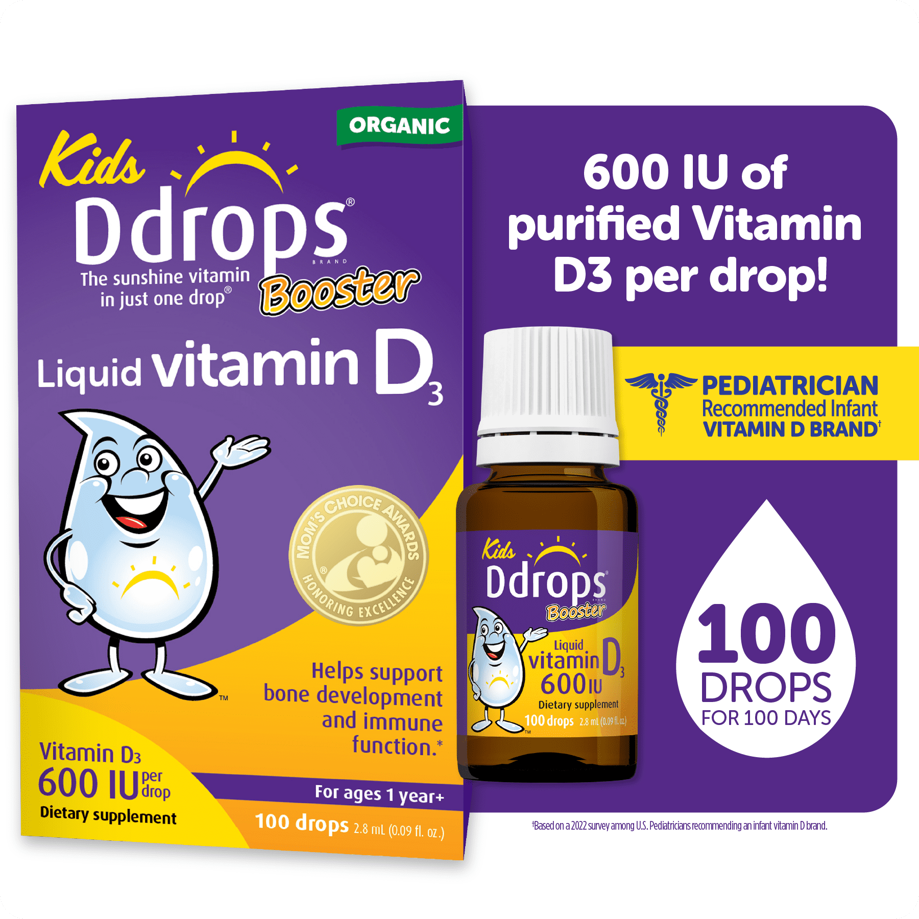Kids Ddrops Booster Liquid Vitamin D3 Drops, 600 IU Per Drop, 0.09 fl oz