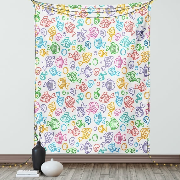 Kids Decor Tapestry, Various Color Repeating Funny Fish Motif Cheerful Aquatic Creatures Underwater Image, Wall Hanging for Bedroom Living Room Dorm Decor, 40W X 60L Inches, Multi, by Ambesonne