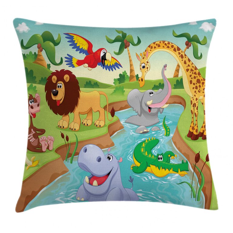 Set Of 4 Cartoon Animal Pillow Covers - Lion, Elephant, Giraffe Designs For Kids Room, Classroom, 18x18 Inches