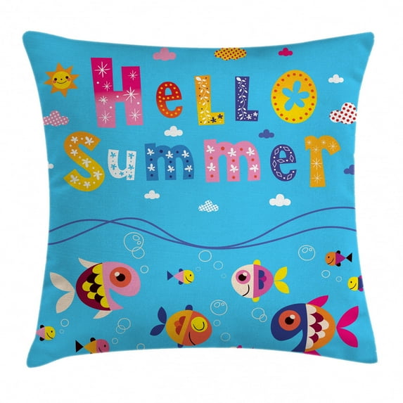 Kids Decor Throw Pillow Cushion Cover, Colored Welcoming Hello Quote Print with Patchwork like Style Fish Clouds Image, Decorative Square Accent Pillow Case, 20 X 20 Inches, Multicolor, by Ambesonne