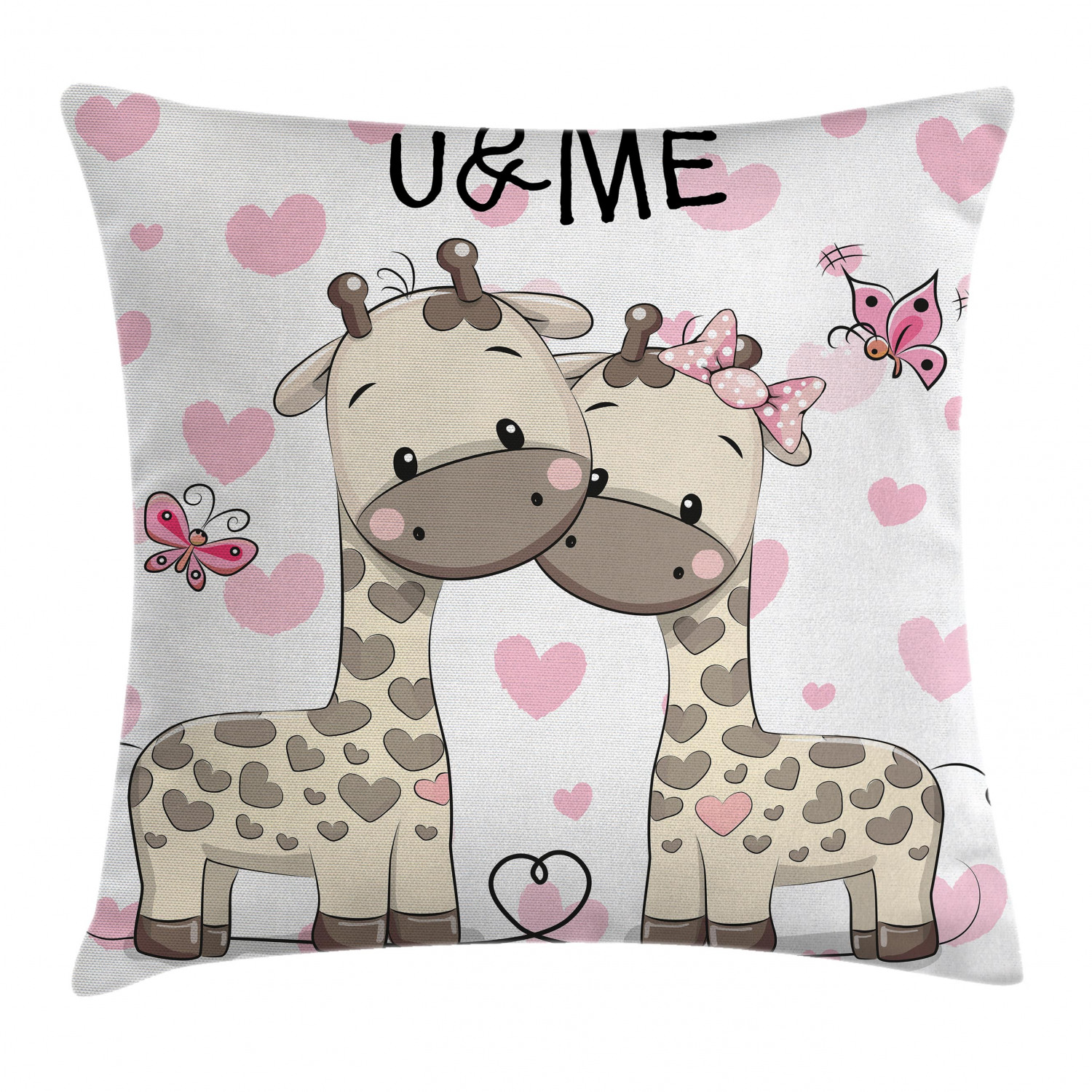Kids Decor Throw Pillow Cushion Cover, Cute Giraffes Baby in Pure Love with  Butterflies and Hearts Bows Print, Decorative Square Accent Pillow Case, 16  X 16 Inches, Pink White and Grey, by