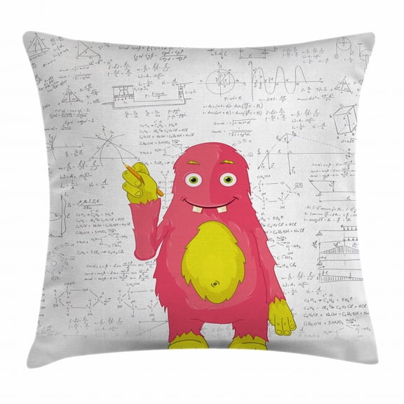 Kids Decor Throw Pillow Cushion Cover, Funny Smart Monster Doing Math on Wall Science Nerds Comic Illustration, Decorative Square Accent Pillow Case, 16 X 16 Inches, Pink Yellow White, by Ambesonne