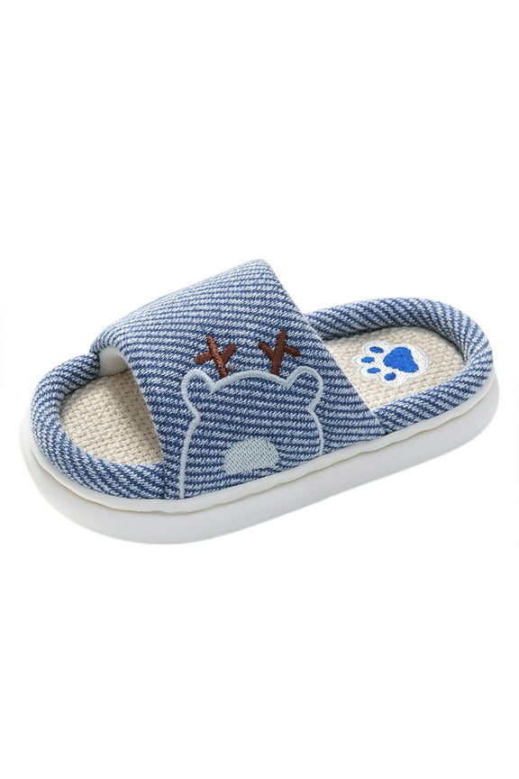 Kids Deer Linen Slippers Non- Thick Sole Indoor House Shoes for Boys Girls - Breathable Cotton Linen Comfy Toddler Home Footwear,Color:Navy,Size:10