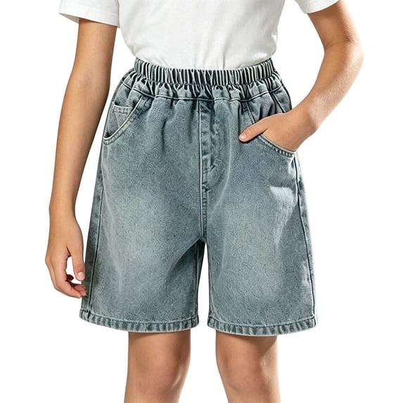 Kids Denim Knee‑Length Shorts, Elastic Waist Loose‑Fit Lightweight Washed Jean Shorts With Side Pockets for Boys Girls 4‑14 Years Old