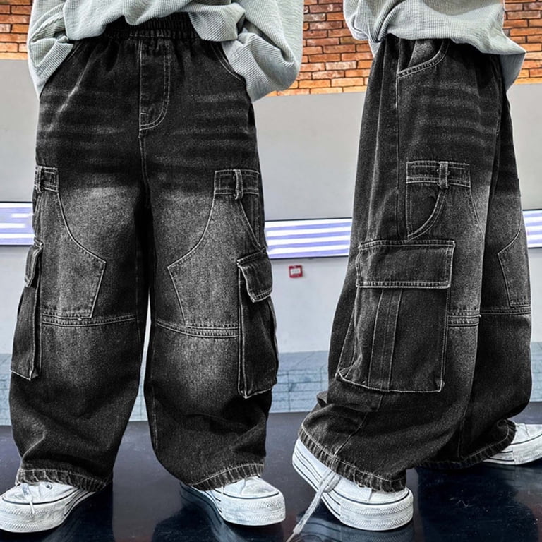 Kids Denim Pants Loose Elastic Waist Baggy Black Jeans Jeans With