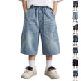 thumbnail image 1 of Kids Denim Shorts Elastic Waist Straight Leg Jeans Shorts Casual Loose Fit Denim Shorts with Pockets Summer Clothes 5-6 Years, 1 of 8
