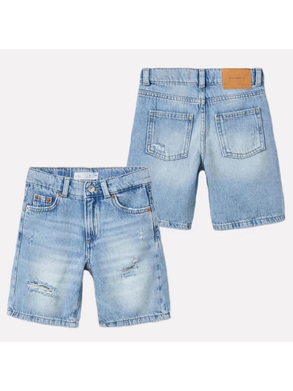 Kids Denim Shorts Ripped Scratches Jean Half Pants Bottoms Adjustable Waist Jean Shorts (Sky Blue)