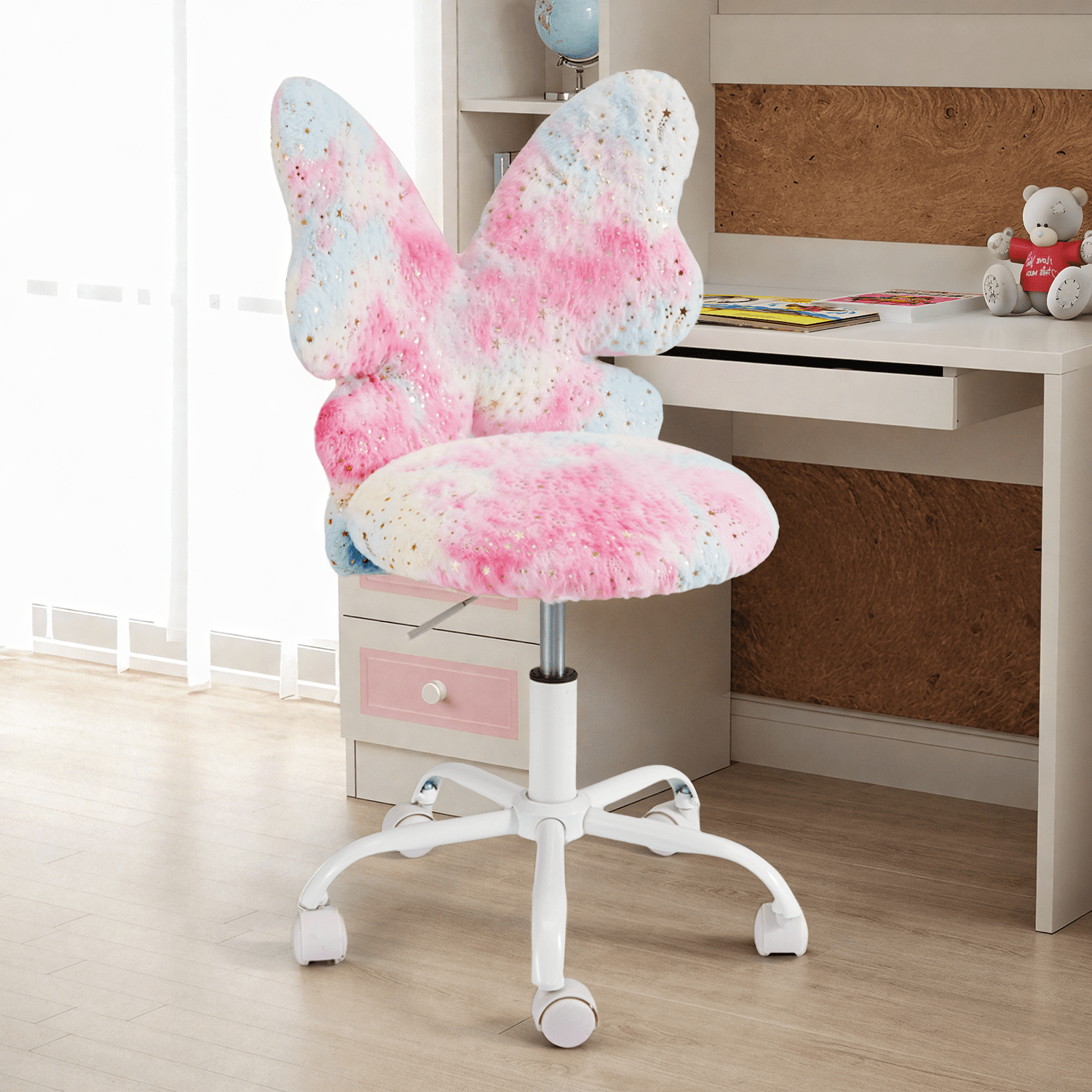 Kids Desk Chair with Butterfly Back, Adorable Fluffy Wheeled Desk Chair for Girls, Faux Fur Adjustable Height Swivel Vanity Chair for Kids Bedrooms and Reading Rooms,Colorful Pink
