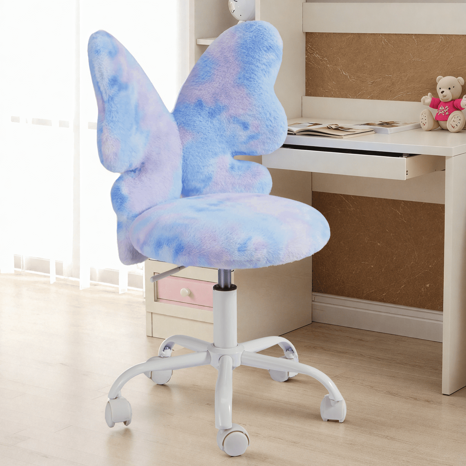 Kids Desk Chair with Butterfly Back, Adorable Fluffy Wheeled Desk Chair for Girls, Faux Fur Adjustable Height Swivel Vanity Chair for Kids Bedrooms and Reading Rooms,Colorful Blue
