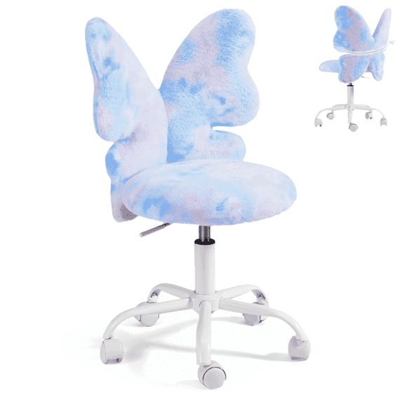 Kids Desk Chair with Butterfly Back,Cute Fluffy Desk Chair with Wheels for Girls,Faux Fur Swivel Vanity Chairs W/Adjustable Seat Height for Children Bedroom & Reading Room, Study/Vanity,Colorful Blue