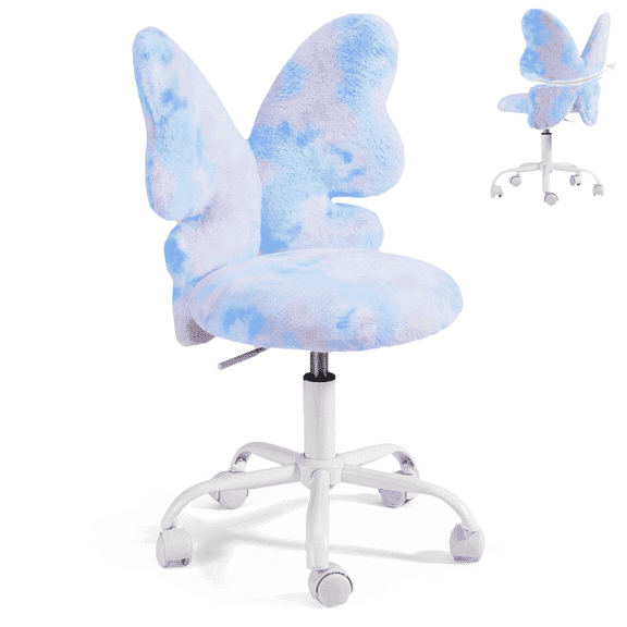 Kids Desk Chair with Butterfly Back,Cute Fluffy Desk Chair with Wheels for Girls,Faux Fur Swivel Vanity Chairs W/Adjustable Seat Height for Children Bedroom & Reading Room, Study/Vanity,Colorful Blue