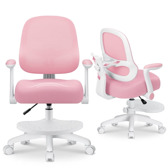 Hoffree Kids Desk Chair with Adjustable Backrest Flipped Arms Ergonomic Study Chair wtih Adjustable Footrest Height Rolling Pink office chair for Teens Boys Girls in Study Room