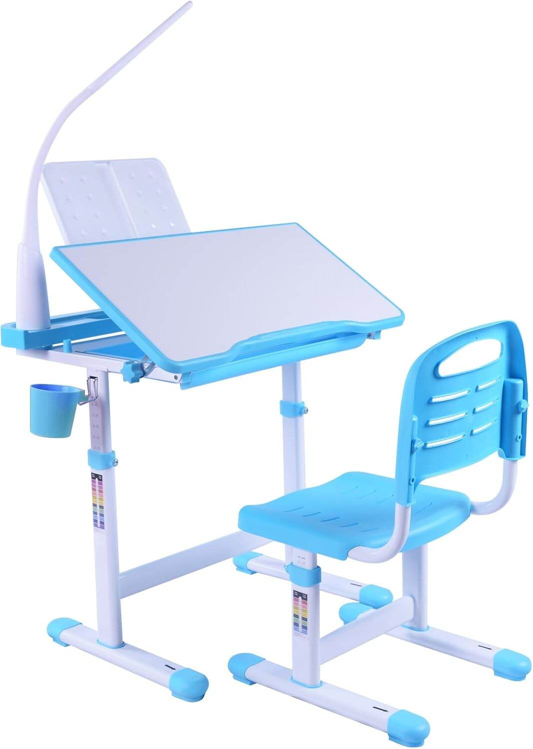 Kids Desk and Chair Set with Adjustable Height, Tiltable Desktop, LED Light & Storage - Blue Study Desk for Children Ages 3-15, Ergonomic Art & Homework Station